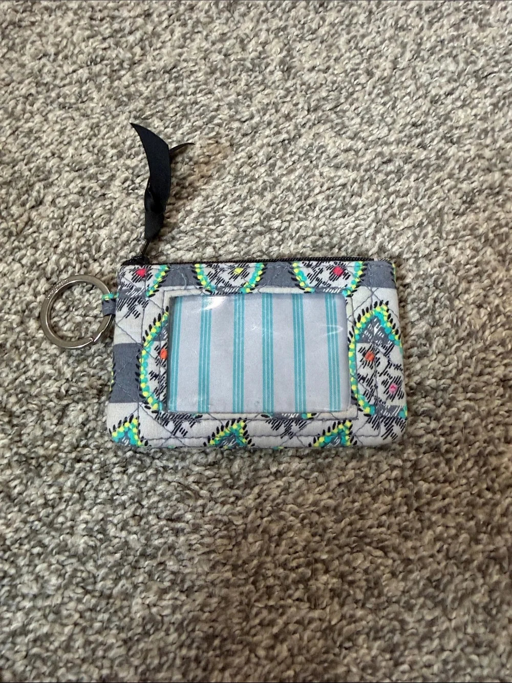Vera Bradley Gray Quilted Zip Key Pouch with Neon Accents